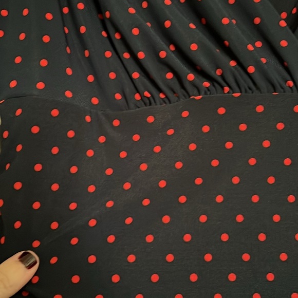 EVAN PICONE Navy Blue/Pink Polka Dot Sleeveless Midi Dress w/Rouching, Sz 8, GUC - Picture 6 of 10